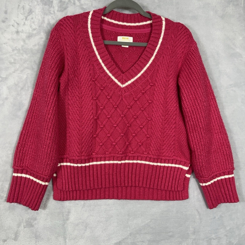 Meave Anthropologie Chunky Knit Sweater V-Neck Dark Fuchsia XS Comfy Preppy